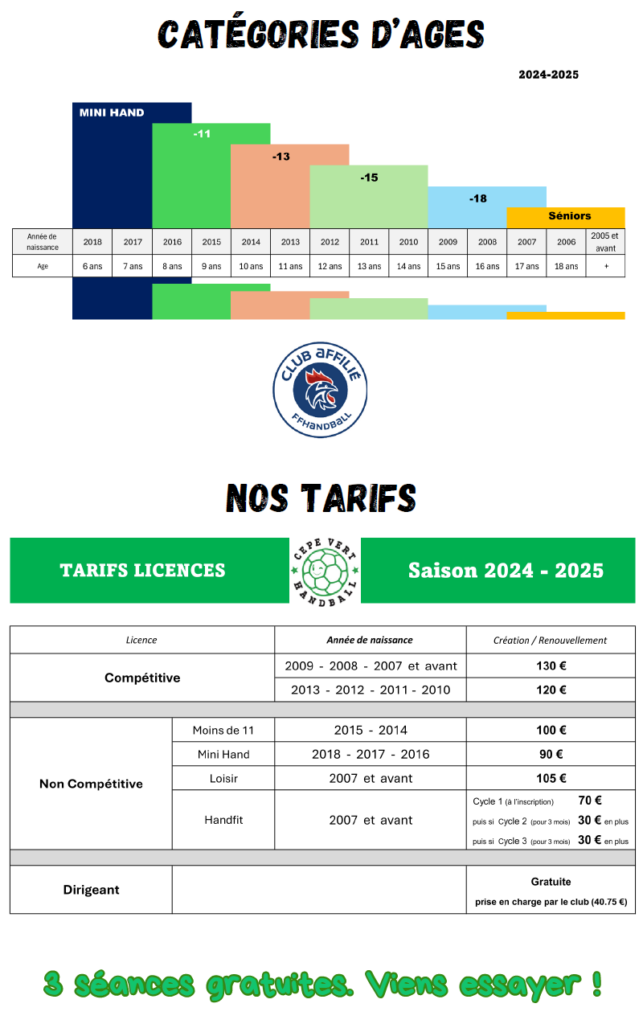 Flyer de rentrée, catégories d'âges et tarifs